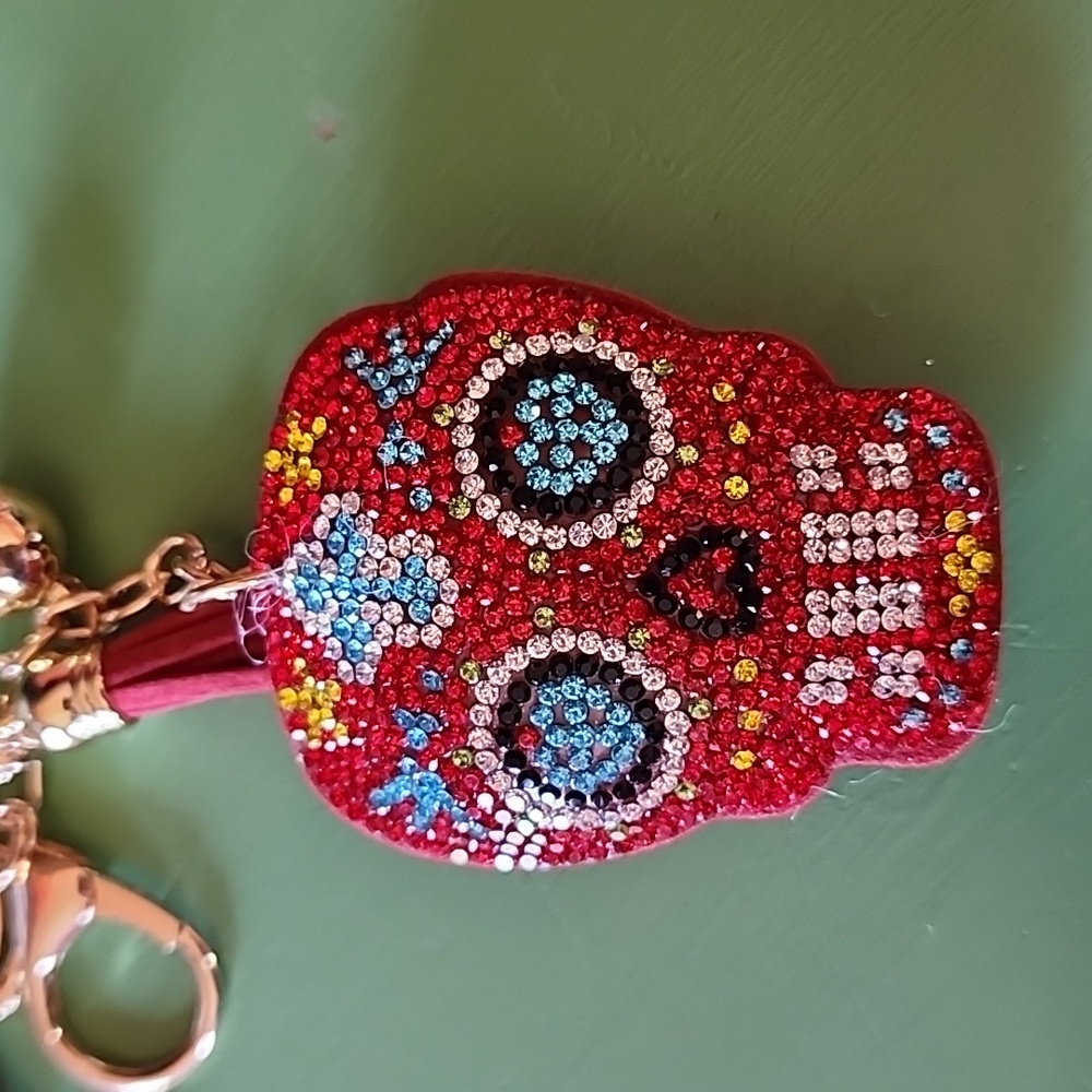 Sugar Skull Dia de Los Muertos Rhinestone Puff Bling Key Chain